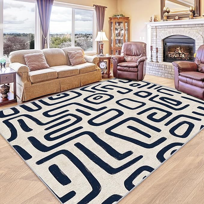 Abstract Rugs for Living Room - Abstract Geometric Area Rug, 8x10 Rug, Minimalist Contemporary Rug & Home Decor, Tribal Carpet & Room Decor, Washable Non Slip Anti Skid Rugs