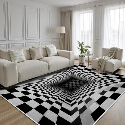 Optical Illusion Rug - Black and White Rug for Living Room, Soft Ultra Soft Faux Wool 7x10 Area Rugs Floor Mats, Non Slip&Non-Shedding Low Pile Checkered Washable Rugs, Abstract Geometric Carpet