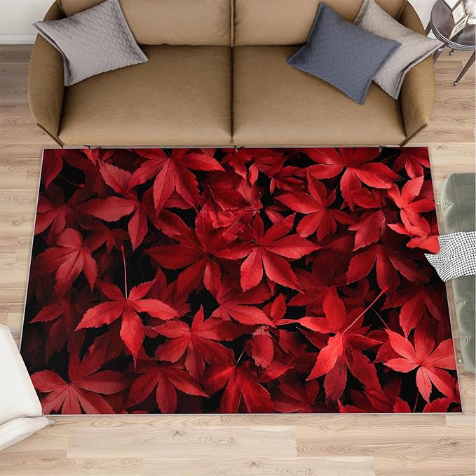 Maple Leaves Living Room Rugs, Red Leaves Area Rugs 5x7 Rug Canada Maple Leaf Non-Slip Washable Rugs Stain Resistant Rug Low-Pile Throw Rug for Bedroom Dining Room Office