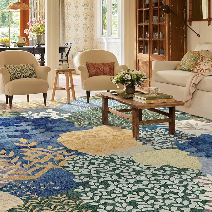 DEXDE Large Area Rugs 9x12 Living Room, Floral Washable Rug Boho Print Vintage Low Pile Non Slip Carpet for Bedroom Kids Room Nursery Office Dinning Room,Blue