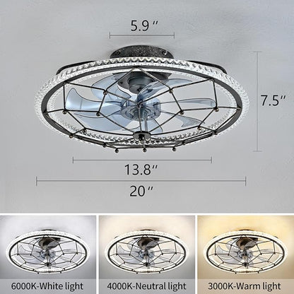 Rustic Black Ceiling Fan with Light, Farmhouse Chemistry Molecular Model Caged Ceiling Fan with Remote, LED Low Profile Ceiling Light for Bedroom Kitchen Living Room
