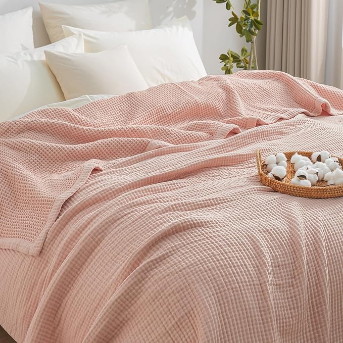 PHF 100% Cotton Waffle & Muslin Blanket Queen Size, Soft Breathable Luxury 400GSM Versatile Reversible Bedding for Bed, Great for Layering in Cold Weather, Home Decor Gift, 90" x 90", Rose Smoke