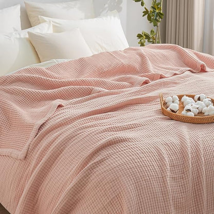 PHF 100% Cotton Waffle & Muslin Blanket Queen Size, Soft Breathable Luxury 400GSM Versatile Reversible Bedding for Bed, Great for Layering in Cold Weather, Home Decor Gift, 90" x 90", Rose Smoke