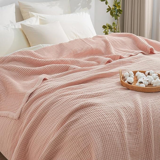 PHF 100% Cotton Waffle & Muslin Blanket Twin Size, Soft Breathable Luxury 400GSM Versatile Reversible Bedding for Bed, Great for Layering in Cold Weather, Home Decor Gift, 66" x 90", Rose Smoke