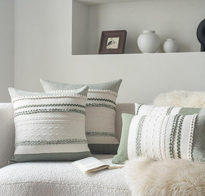 Boho Throw Pillow Covers 18x18 Inch Set of 2, Green Textured Decorative Couch Pillow Cases for Farmhouse Home Decor, Accent Cushion Cover for Sofa, Bed, Living Room, Bedroom