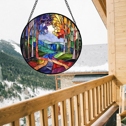 DASTOLL Stained Glass Window Hanging, Colorful Forest Landscape Tree Suncatcher for Doors Window Home Abstract Sun Catchers Decoration Mother's Day Birthday Gifts for Women, Men, and Mom 6.3 in