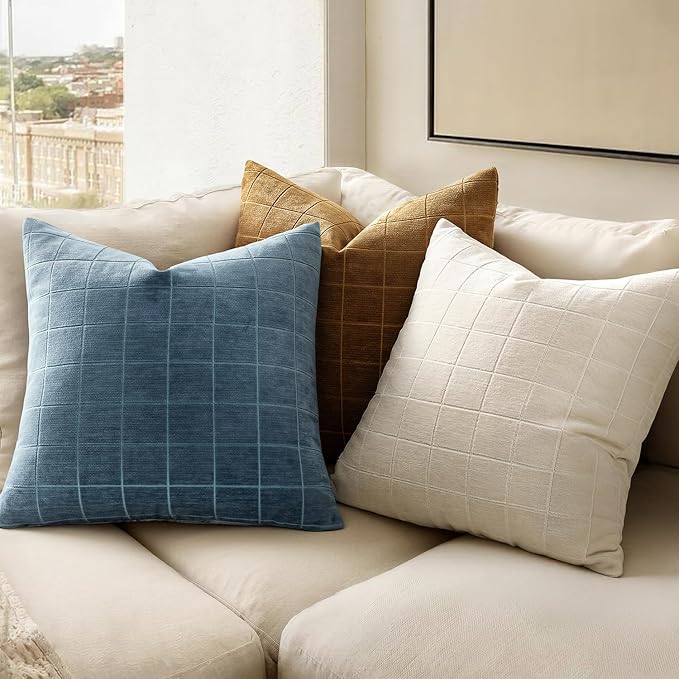 MIULEE Decorative Chenille Check Throw Pillow Covers Vintage Plaid Couch Pillows 18x18 Inch Set of 2 Neutral Boho Farmhouse Cushion Covers Modern Spring Coastal Decor for Sofa Bed Living Room Blue