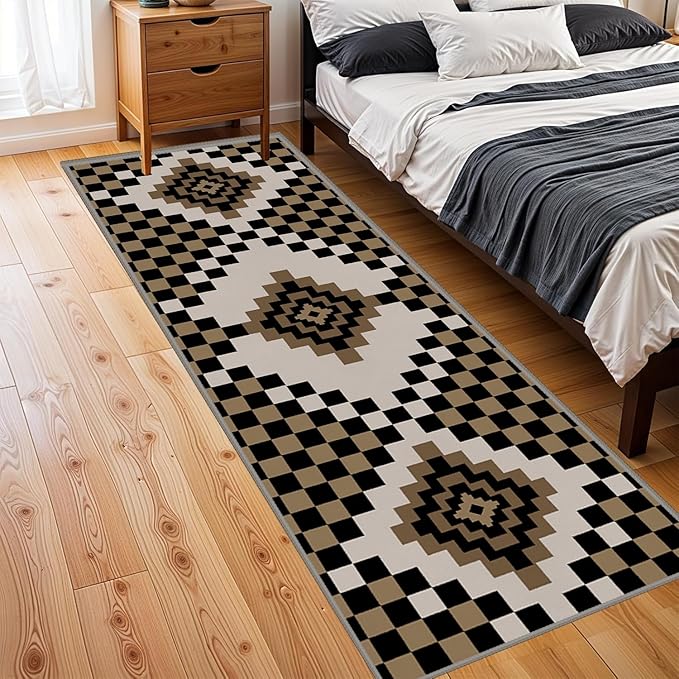 Retro Moroccan Farmhouse Decor Rug Runners for Hallways, 2.6x10ft, Black Linen Checkered Entryway Carpet, Rubber Backed Low Pile Easy Clean Carpets, Durable Reduce Noise Rugs for Floor