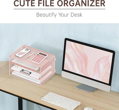 DALTACK 3 Tier Letter Tray Paper Organizer Mesh Metal Desk File Organizer for Home & Office, Pink