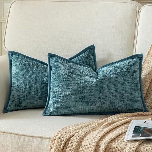 Yaertun Pack of 2 Chenille Textured Decorative Throw Pillow Covers Accent Solid Cushion Cover Soft Cozy Pillow Case with Velvet Back for Couch Sofa Bed Living Room 16x24 Inch Lake Blue