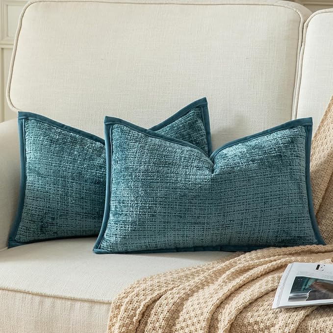Yaertun Pack of 2 Chenille Textured Decorative Throw Pillow Covers Accent Solid Cushion Cover Soft Cozy Pillow Case with Velvet Back for Couch Sofa Bed Living Room 12x20 Inch Lake Blue
