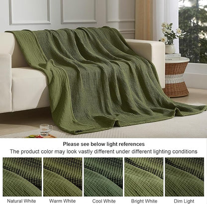 PHF 100% Cotton Waffle & Muslin Throw Blanket Large, Soft Breathable Luxury 400GSM Versatile Reversible Bedding for Couch, Great for Layering in Cold Weather, Home Decor Gift, 50" x 70", Olive Green