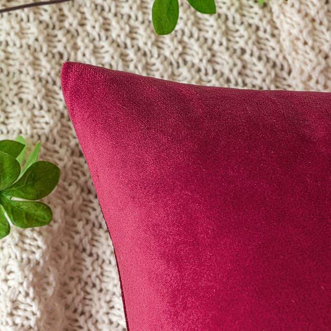 EMEMA Pack of 2 Velvet Christmas Throw Pillow Covers Decorative Square Pillowcase Soft Solid Cushion Case for Sofa Bedroom Chair Car 18x18 Inch Red Wine