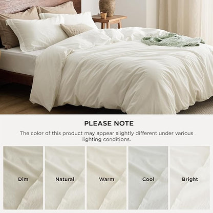 Bedsure 100% Washed Cotton Duvet Cover Full Size - Ivory Minimalist Cotton Duvet Cover Linen Like for All Seasons - GentleSoft™ Plain Simple Bedding, 3 Pieces (Ivory, Full, 80"x90")