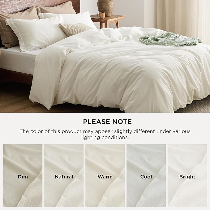 Bedsure 100% Washed Cotton Duvet Cover King Size - Ivory Minimalist Cotton Duvet Cover Linen Like for All Seasons - GentleSoft™ Plain Simple Bedding, 3 Pieces (Ivory, King, 104"x90")