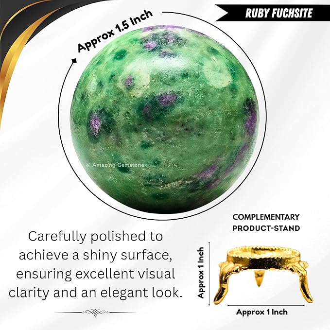 Amazing Gemstone Ruby Fuchsite Crystal Ball with Stand - 1.5 Inches Crystal Sphere Meditation Balls for Witchcraft and Decorative Balls