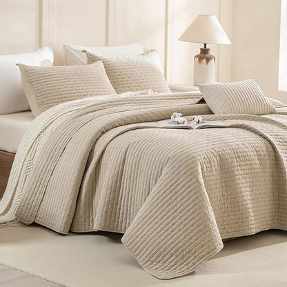 Sanracie Stonewashed Cotton Coverlet King Size(110"x98"), Dark Wheat Colored Cross Stitch Pattern Quilt Bedding Set 3Pcs Extra Soft Breathable Crinkle Quilted Bedspread Set for All Season