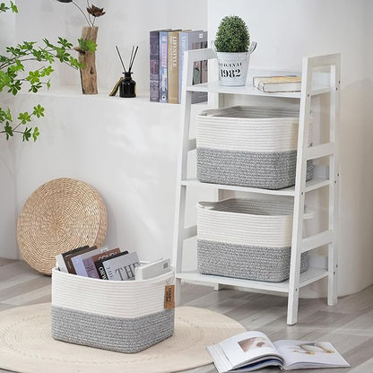 COMFY-HOMI 3-Pack Cotton Rope Woven Rectangular Basket with Handles for Organizing, 13.5" x 11" x 9.5", White/Grey