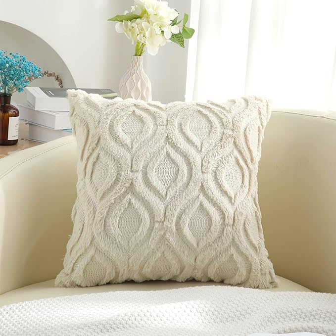 decorUhome Spring Euro Sham Throw Pillow Covers 26x26 Inch Set of 2, Soft Plush Faux Wool Beige Solid Couch Pillow Covers, Accent Farmhouse Neutral Square Pillow Cases for Sofa Bed Living Room