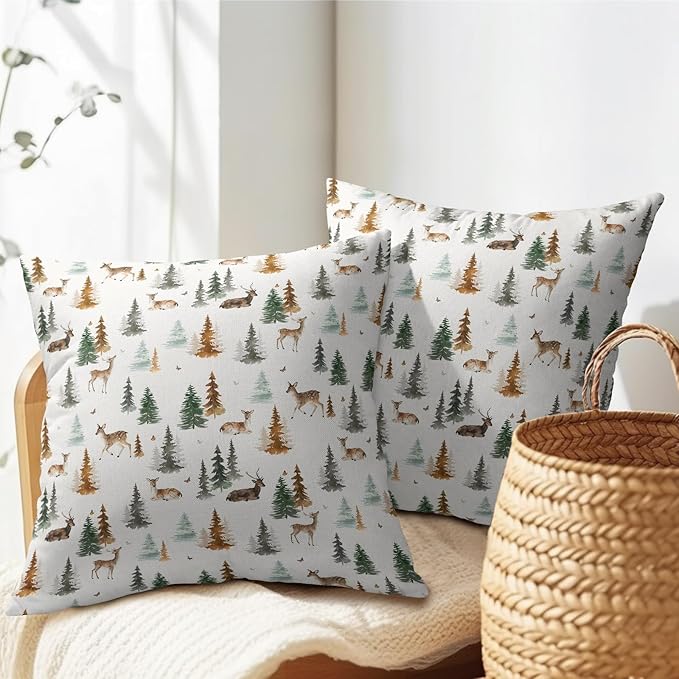 Watercolor Deer Spring Pillow Covers 16x16 Set of 2 Forest Tree Throw Pillow Covers Rustic Pillowcase Linen Decoration Farmhouse Soft Decorative Green Brown Cushion Case Couch for Indoor Home Decor