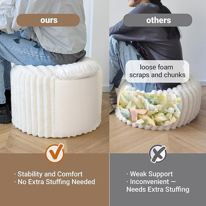 Luxury Round Stuffed Floor Poufs Ottoman, Stripe Faux Fur Footrest with Dual Layer Comfort, Removable Washable Cover, 20"x15" Plush Pouf Shaggy Stool for Living Room Bedroom Vanity, Beige