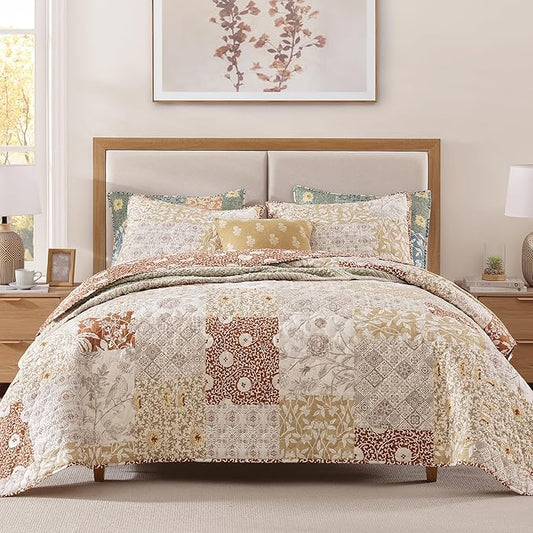 CASAAGUSTO Twin Quilt Set - 2 Pieces Patchwork Terracotta Quilt Bedding Set, Lightweight Twin Bedspread Coverlet, Reversible Floral Bed Cover for All Seasons (66"x92", 1 Quilt + 1 Pillow Sham)