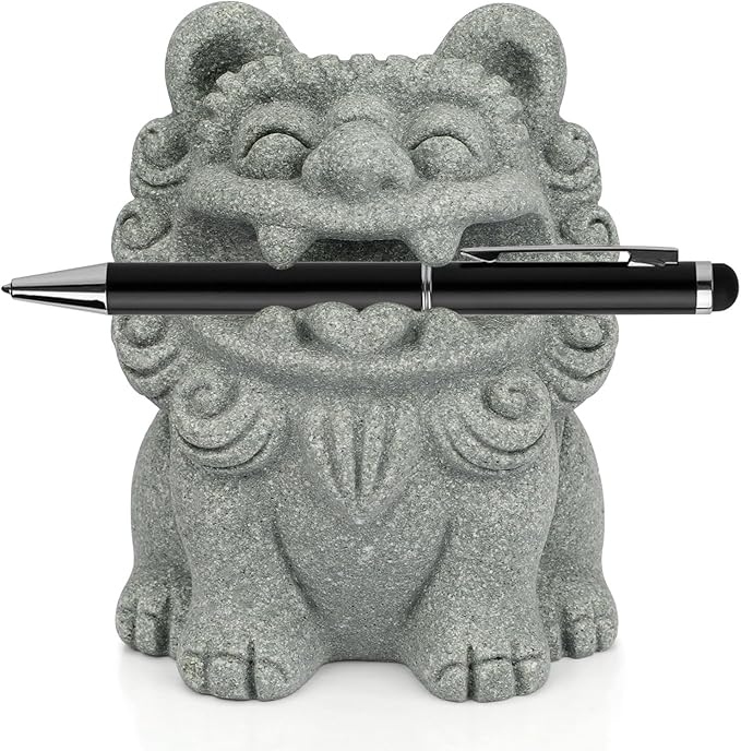 Cute Pen Holder for Deask, Lion Stone Pen Stand, Chinese Feng Shui Desk Organizer, Animal Figure for Office/Study Display Decoration