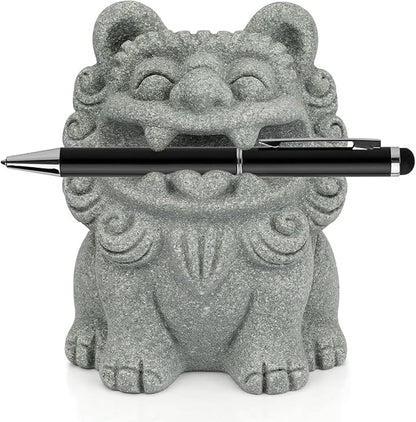 Cute Pen Holder for Deask, Lion Stone Pen Stand, Chinese Feng Shui Desk Organizer, Animal Figure for Office/Study Display Decoration