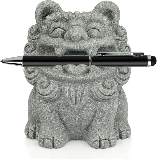 Cute Pen Holder for Deask, Lion Stone Pen Stand, Chinese Feng Shui Desk Organizer, Animal Figure for Office/Study Display Decoration