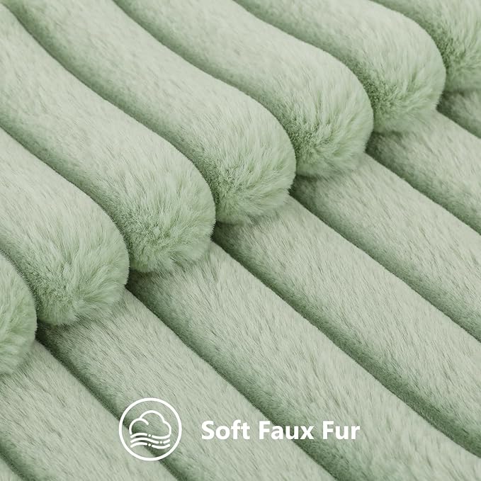 decorUhome Faux Fur Spring Throw Pillow Covers 20x20 Set of 2, Decorative Soft Plush Striped Neutral Couch Pillow Covers with Velvet Back for Sofa, Bed, Living Room Home, Sage Green