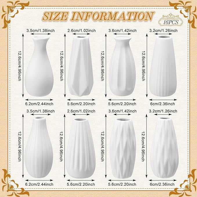 Yaomiao 16 Set White Ceramic Bud Vase Bulk 5 Inch Boho Small Pampas Grass Flower Vase for Wedding Table Centerpieces Decoration Boho Home Decor DIY Gift, 8 Styles (Classic)