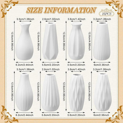Yaomiao 16 Set White Ceramic Bud Vase Bulk 5 Inch Boho Small Pampas Grass Flower Vase for Wedding Table Centerpieces Decoration Boho Home Decor DIY Gift, 8 Styles (Classic)