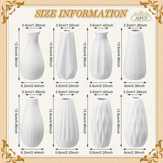 Yaomiao 16 Set White Ceramic Bud Vase Bulk 5 Inch Boho Small Pampas Grass Flower Vase for Wedding Table Centerpieces Decoration Boho Home Decor DIY Gift, 8 Styles (Classic)