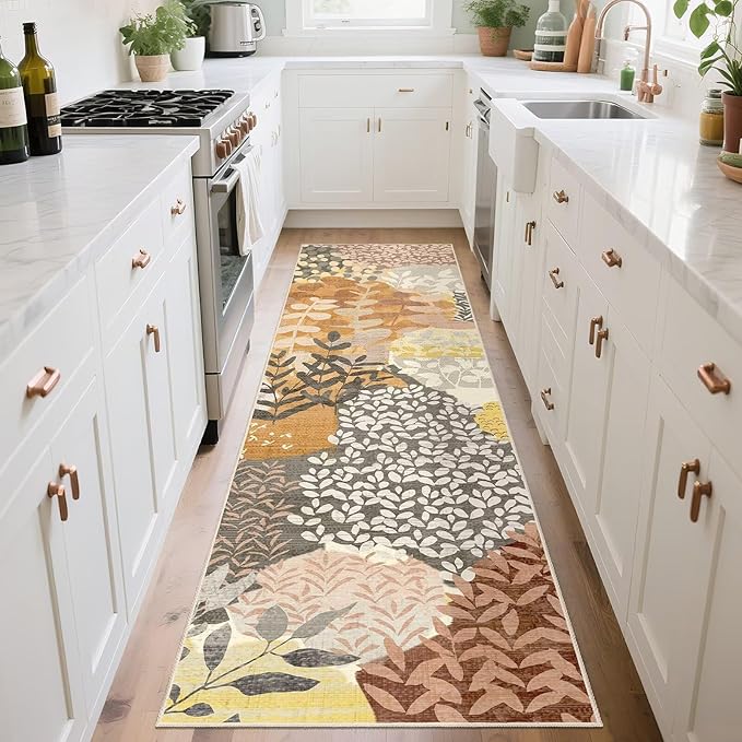 DEXDE Runner Rug 2x8 Fall Washable Hallway Boho Soft Area Rugs Abstract Long Non Slip Leaves Floral Vintage Floor Carpet for Entryway, Kitchen, Laundry, Bathroom, Bedroom,Camel