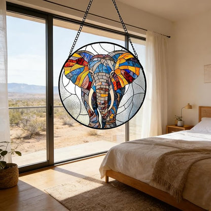 Stained Glass Window Hanging, Colorful Elephant Sun Catcher for Door Home Decor Animal Suncatcher Christmas Mother's Day Birthday Gifts for Women Men Mom and Nana 11.8 in