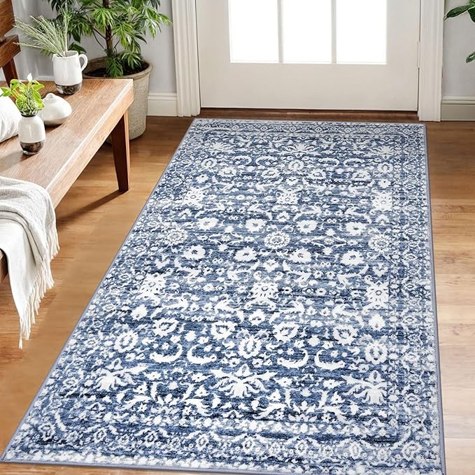 Vintage Floral 3x5 Rug, Light Blue White Entryway Rug Small Area Rug Washable Non-Slip Throw Rug, Thin Printed Faux Wool Low-Pile Kitchen Rugs Super Soft Capet for Entrance Bedroom Office