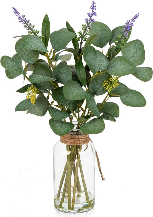 Briful Artificial Eucalyptus Stems in Glass Vase with Faux Water, 14" Fake Plant Eucalyptus with Lavender for Home Office Farmhouse Wedding Centerpiece Bathroom Décor