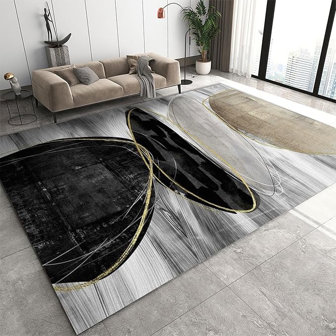 Nordic Light Luxury Gray Pebbles Gold Line Area Rug, Mid-Century Abstract Black Brown Circle Outdoor Carpe, Machine Washable Breathable Durable Carpet for Front Entrance Floor Decor,2 x 3ft