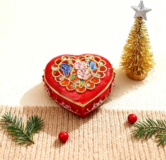 YU FENG 2.5inch Vintage Heart Trinket Box Small Hinged Trinket Boxes Red Jewelry Trinket Box Jeweled Ring Box Gift for Girl Women Christmas Gift