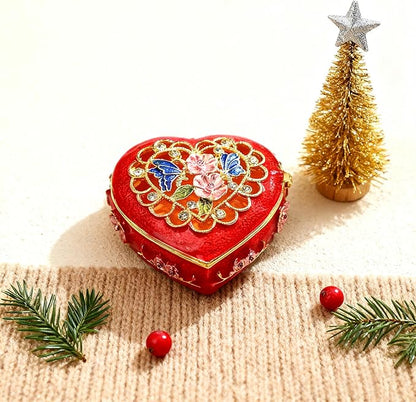 YU FENG 2.5inch Vintage Heart Trinket Box Small Hinged Trinket Boxes Red Jewelry Trinket Box Jeweled Ring Box Gift for Girl Women Christmas Gift