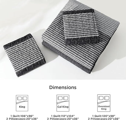 Litanika Quilt King Size Black, Grey and White, Gray Stripe Patchwork Summer Bedspread Coverlet 3 Pieces, Soft Lightweight Microfiber Comforter Bedding Set for All Season(1 Quilt, 2 Pillowcases)