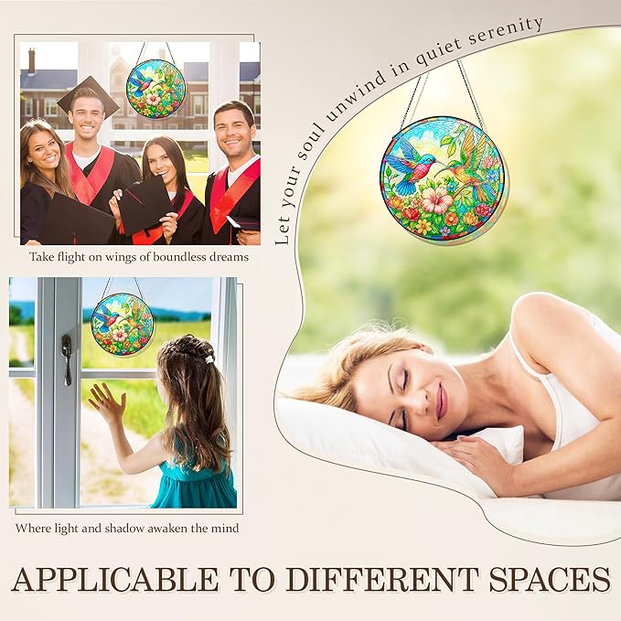 Stained Glass Window Hanging, Hummingbirds Sun Catchers Stained Glass Panels for Indoor Windows Wall Art Decor, Birthday Gift for Mom Women Wife Men Lovers (11.8inch)