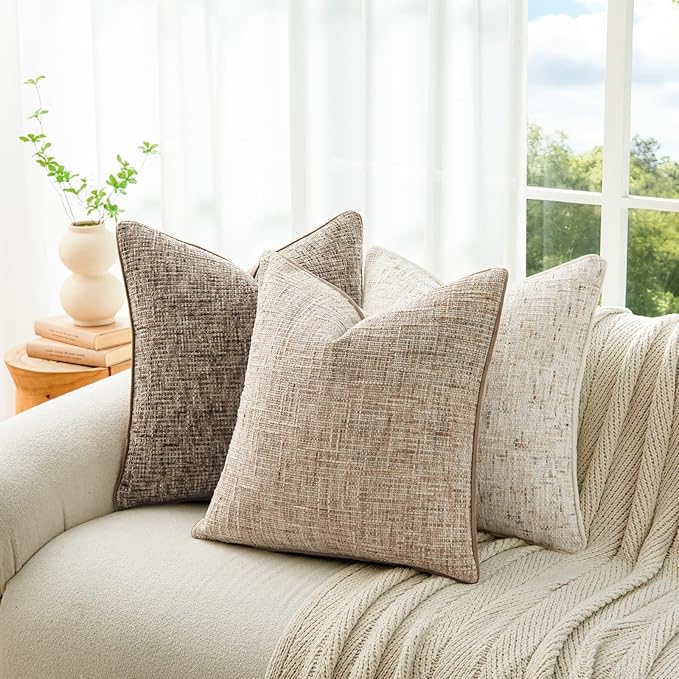 a moment Khaki Reversible Pillow Covers 2 Pack - Farmhouse Chenille Throw Pillows, Neutral Textured Decorative Throw Pillow Covers with Border for Couch Sofa Bed (18x18 Inch, No Insert)