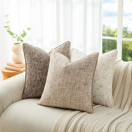 a moment Khaki Reversible Pillow Covers 2 Pack - Farmhouse Chenille Throw Pillows, Neutral Textured Decorative Throw Pillow Covers with Border for Couch Sofa Bed (18x18 Inch, No Insert)