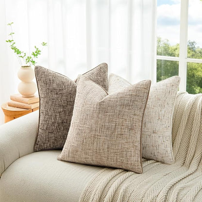 a moment Khaki Reversible Pillow Covers 2 Pack - Farmhouse Chenille Throw Pillows, Neutral Textured Decorative Throw Pillow Covers with Border for Couch Sofa Bed (20x20 Inch, No Insert)