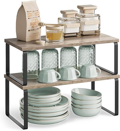 SONGMICS Cabinet Organizer Shelf, Set of 4 Kitchen Counter Shelves, Kitchen Storage, Spice Rack, Stackable, Expandable, Metal and Engineered Wood, Ink Black and Heather Greige UKCS022X02