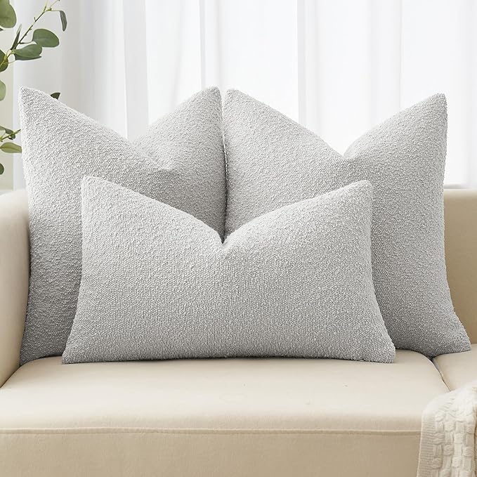 MIULEE 24x24 Decorative Euro Sham Throw Pillows for Bed Set of 2 Textured Boucle Neutral Winter Throw Pillow Covers Light Grey Accent Solid Couch Pillowcases Sofa Livingroom Home Decor