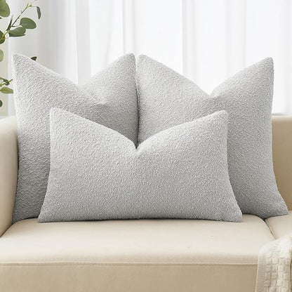 MIULEE 24x24 Decorative Euro Sham Throw Pillows for Bed Set of 2 Textured Boucle Neutral Winter Throw Pillow Covers Light Grey Accent Solid Couch Pillowcases Sofa Livingroom Home Decor