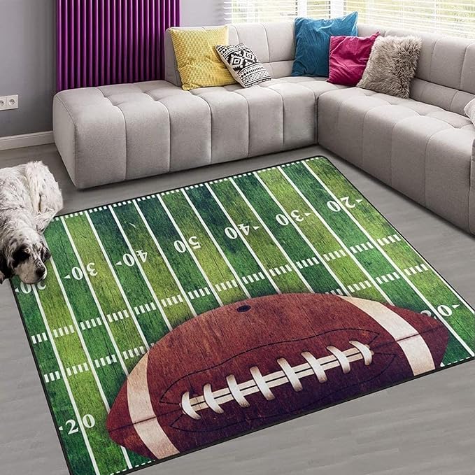 American Football Green Grass Field Kids Rugs, Cartoon Print Art Home Decor Rug, Easy Clean Carpet Washable Indoor Non-Slip Rug for Boys and Girls Nursery Bed Living Room Carpets Decor,5.3 x 8ft