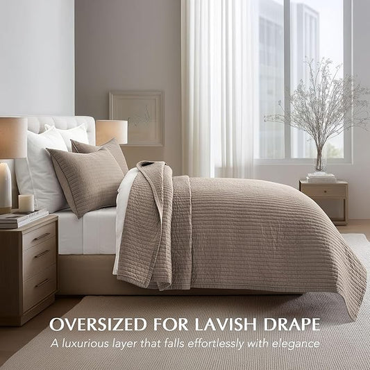 EVERGRACEHOME Cotton Sateen Quilt Set Queen Size, Pre-Washed Cotton Channel Stitch Coverlet Bedspread, 3 Pieces Lightweight Soft Bedding Sets for All Season, with 2 Pillow Shams, Stone Taupe